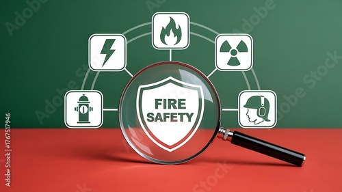 Magnifying Glass Over Shield and Fire Icons on Green Background – Fire Safety Inspection Concept
