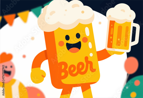 Colorful beer mug character holding glass, festive party theme, cartoon style