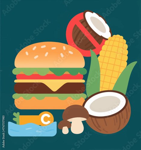 Colorful burger and tropical food icons, flat design, healthy eating theme