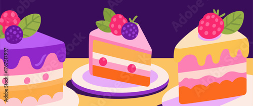 Colorful cake slices with berries, vibrant cartoon dessert art, flat design