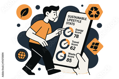 Eco Lifestyle Dashboard. Sustainable lifestyle stats. A person scrolls through a mobile dashboard with