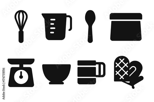Baking Tools Icons. Baking tools. Filled icon set of baking tools: whisk, measuring cup, wooden spoon, dough