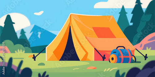 Colorful camping tent with backpack, flat design outdoor adventure scene