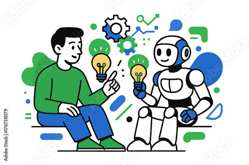 AI-Human Harmony. AI-Human Collaboration. A person and a friendly robot sit side by side, exchanging glowing