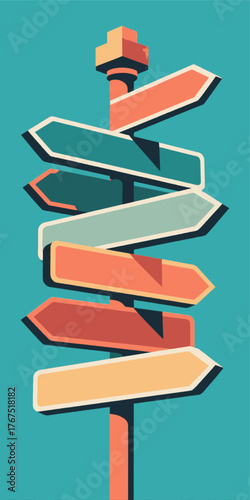 Colorful directional signpost with multiple arrows pointing different ways, minimalist design