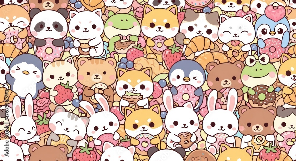 Fototapeta premium Cute animals amid a delicious mix of sweets and fruits in cartoon illustration