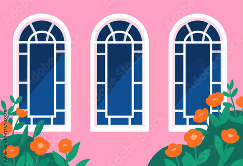Colorful flat illustration of arched windows on pink wall with orange flowers