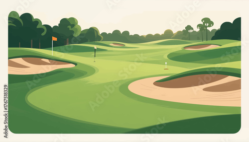 Colorful flat golf course illustration with sand traps and green fairways