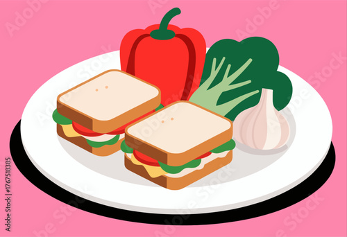 Colorful flat sandwich with veggies on plate, healthy meal concept isolated