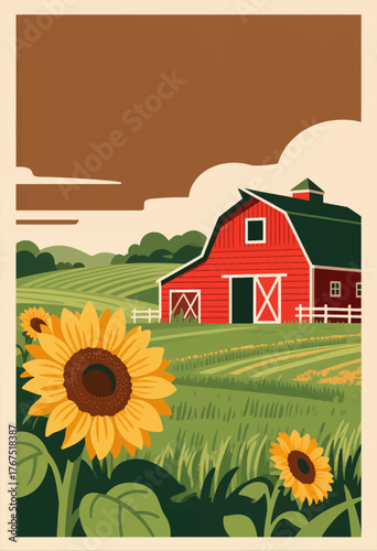Colorful flat vector illustration of red barn with sunflowers in rural field
