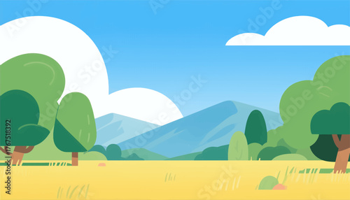 Colorful flat landscape with trees mountains and clouds, serene nature background