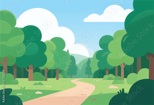 Colorful forest path winding through green trees under blue sky