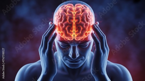 Man with glowing, pained brain and hands on temples