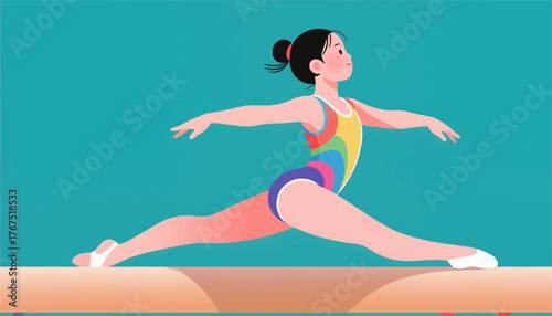 Colorful gymnast performing split on balance beam, flat vector illustration