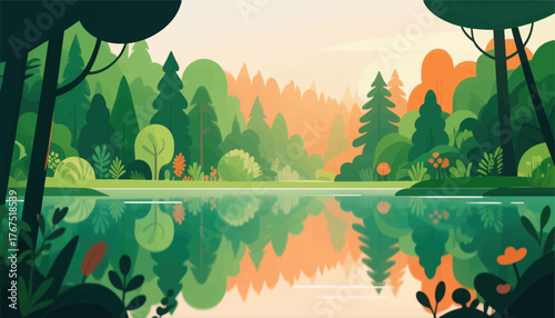 Colorful forest lake reflection, flat vector art, serene nature landscape