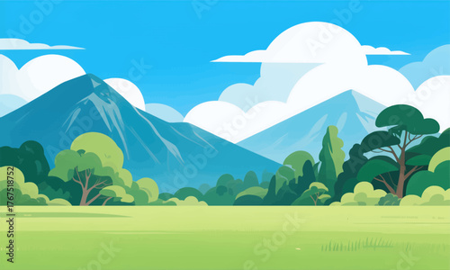 Colorful mountain landscape with green fields and trees, flat design style