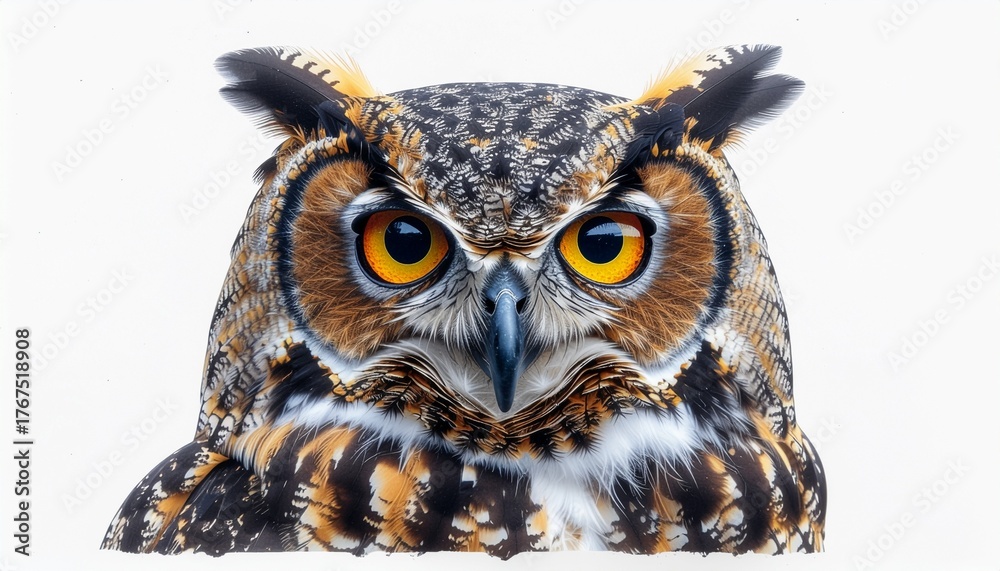 Obraz premium Close-up portrait of a majestic owl, showcasing its detailed feathers and piercing gaze.
