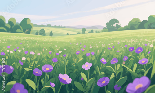 Colorful purple flowers in a green meadow, flat vector landscape illustration