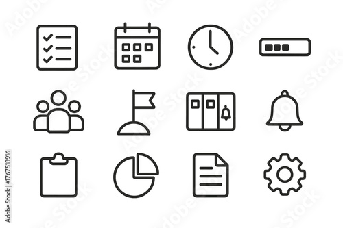 Task Management Icons. Task management. Line outline icon set of task management: checklist, calendar, clock,