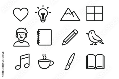 Artistic Inspiration Icons. Artistic inspiration. Line outline icon set of artistic inspiration: heart,