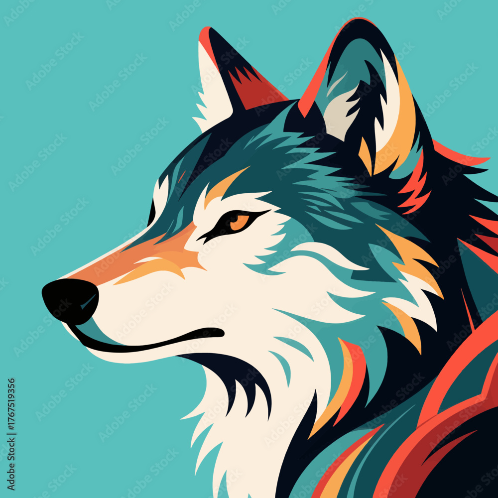 Naklejka premium Colorful wolf head portrait, stylized animal art, isolated on teal background