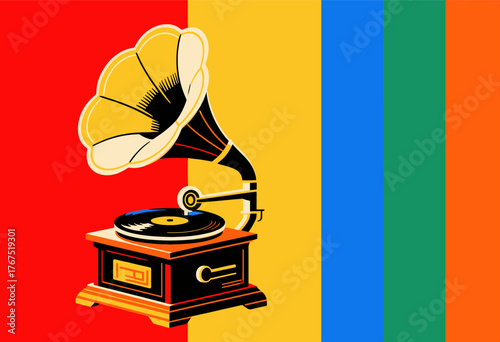 Colorful vintage gramophone record player on striped background, retro music theme