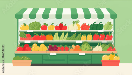 Colorful vegetable stand display, flat design grocery shelf, fresh produce market