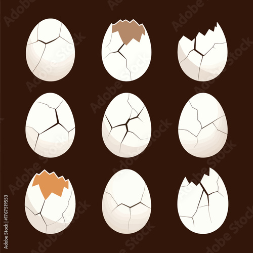 Cracked egg shells in various break stages, flat vector illustration isolated