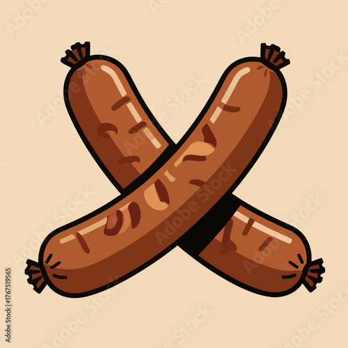 Crossed sausages cartoon illustration, simple food graphic, isolated on beige background