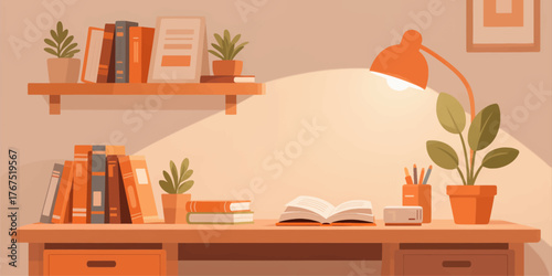 Cozy study desk with books and plants in warm flat illustration style
