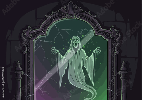 Ghostly Figure in Cracked Mirror with Ornate Frame Spooky Illustration.