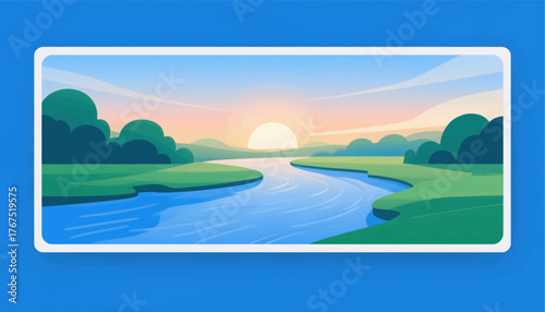 Colorful river landscape at sunrise, flat design, serene nature scene