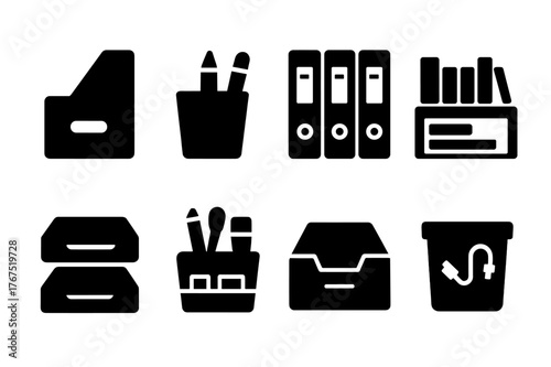 Office Storage Icons. Office storage. Filled icon set of office storage: file box, pen holder, labeled folders