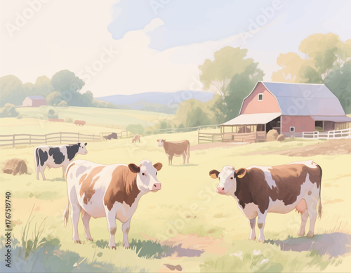 Cows grazing in pastoral field with barn, soft watercolor farm landscape illustration