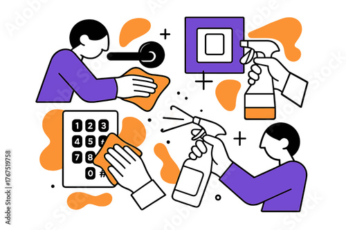 Coordinated Cleaning Process. Disinfection process. Several hands clean different surfaces ? door handles,