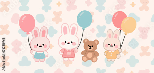 Cute cartoon rabbits and bear holding balloons, pastel colored, playful children's theme