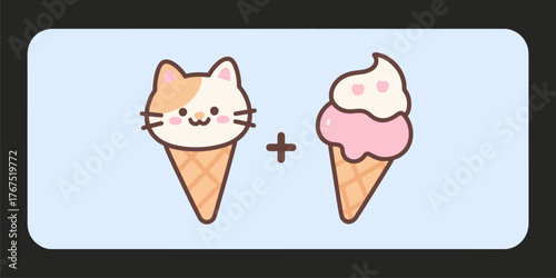 Cute cat and ice cream cone vector illustration in flat kawaii style isolated