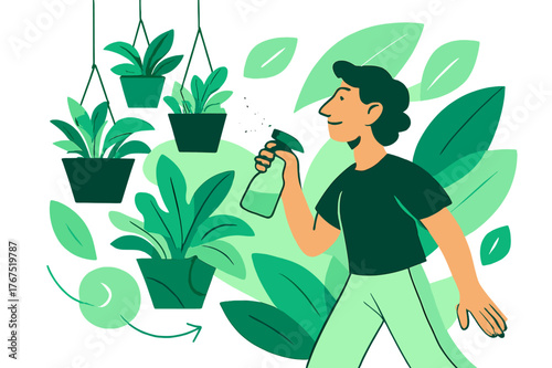 Dynamic Vertical Garden. Vertical gardening. Hanging planters cascade down a bright wall. A person gently