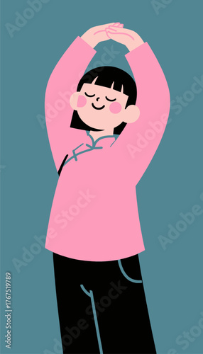 Cute girl stretching arms up, minimalist cartoon character, peaceful morning routine