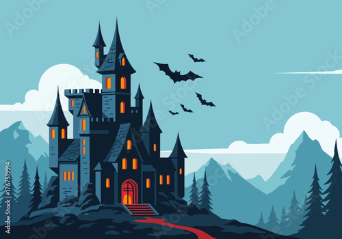 Spooky Halloween Castle with Bats and Red Path.