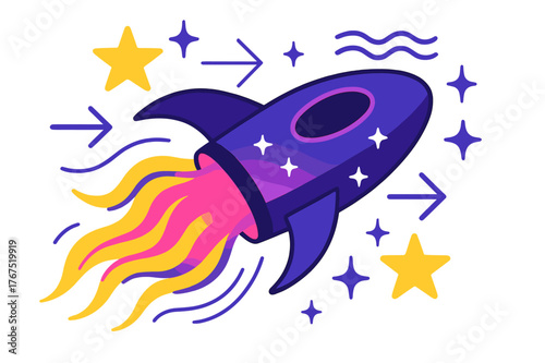 Futuristic Warp Drive. Warp drive concept. A glowing spacecraft bending space around it with floating icons of