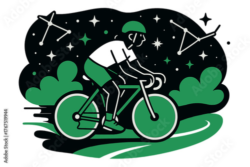 Starlit Cycling Adventure. Cycling under starlit sky. A lone cyclist glides through a glowing night road,