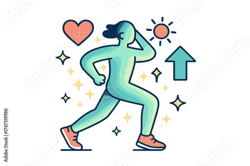 Energetic Morning Routine. Exercise and movement. A glowing character jogging or doing morning stretches with