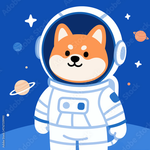 Cute shiba inu in astronaut suit floating in space with planets and stars