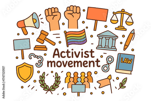 Colorful Activist Doodle. Activist movement. Hand-drawn doodle illustration of Activist movement. Raised fists