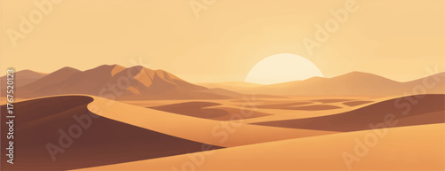 Desert landscape with rolling dunes and setting sun in flat vector style