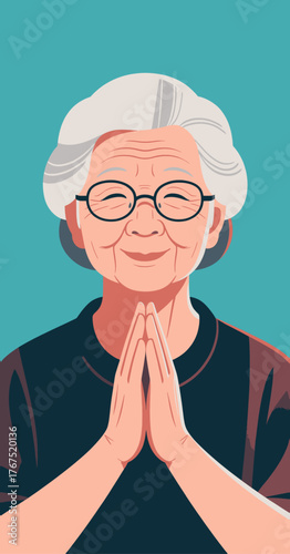 Elderly woman with glasses smiling and praying, flat colorful illustration isolated