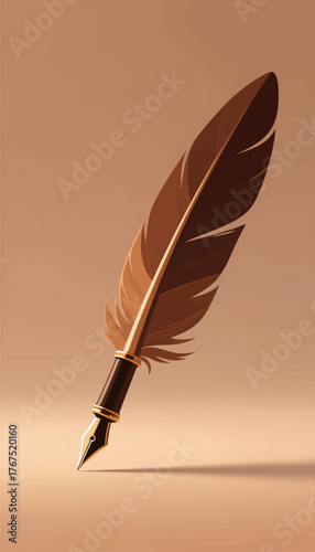 Elegant feather quill pen with gold accents, minimalist style, isolated on warm background