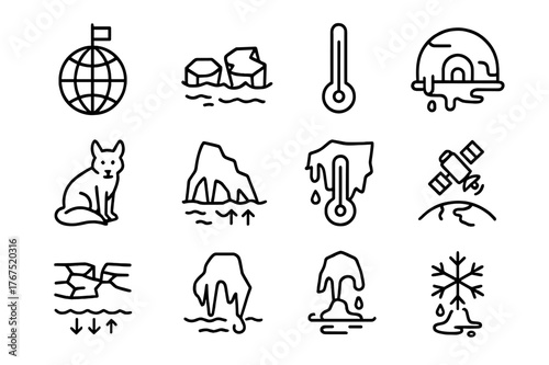 Arctic Melting Icons. Arctic melting. Line outline icon set of Arctic melting: North Pole globe, ice floe