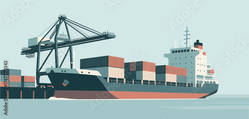 Flat cargo ship with containers at port, minimalist maritime transport scene